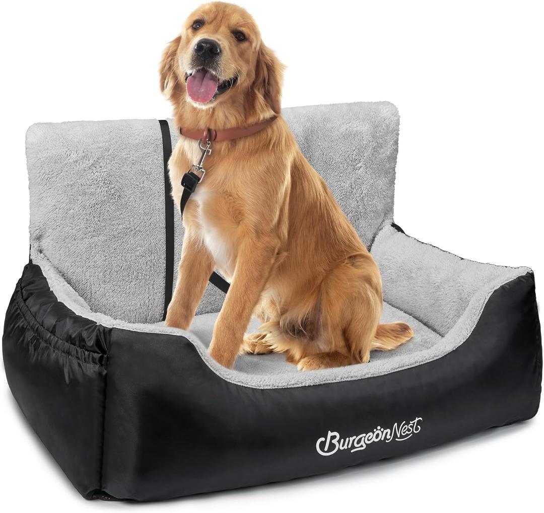 BurgeonNest Dog Car Seat for Medium/ Large Dogs Under 55 lbs, Soft Pet Car Travel Home Bed, Fully Detachable and Washable Booster Carseats with Storage Pockets and Clip-On Leash Portable Carrier, Black
