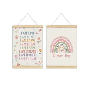 ShowDraven Toddler Nursery Inspirational Affirmations Classroom Wall Decor, Boho Rainbow Pastel Floral Poster Framed with Wood Hanger for Girls Nursery Room Decor, 12x16 Inch Set of 2