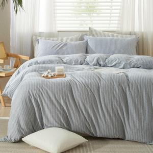LIFETOWN Striped Duvet Cover Set 100% Jersey Knit Cotton T-Shirt Feel Ultra Soft Wrinkle-Free (Heathered Light Grey White Stripes, Queen) (King (104"x90")
