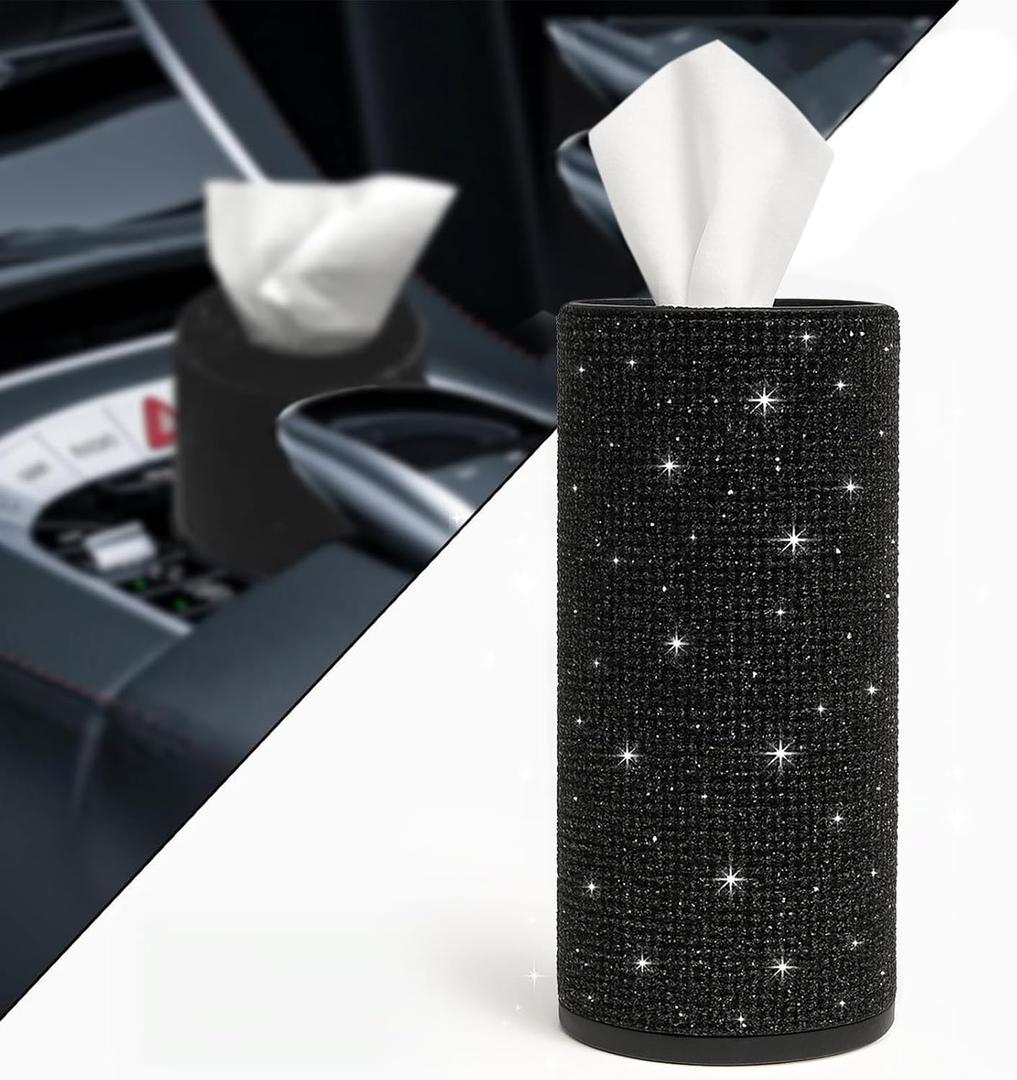 Bling Car Tissue Holder for Cup Holder  Sparkly Rhinestone Round Tissue Dispenser with 1 Pack Tissues  Fits Standard Auto Cup Holders  Stylish Car Interior Accessory for Women(Black)