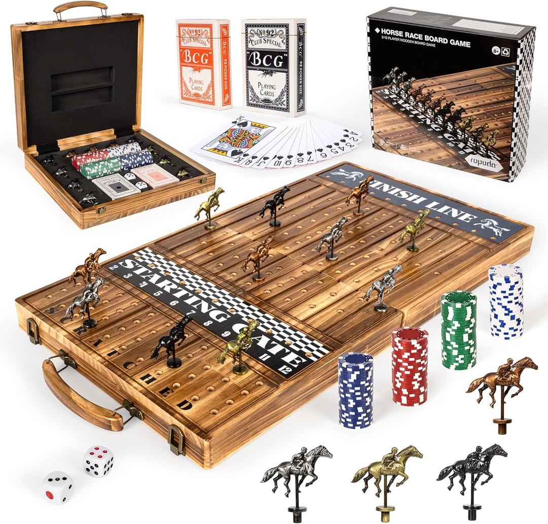 ropoda 23 inches Horse Race Board Game with 11 Luxury Horses,Foldable Wood Horse Racing Board Game with 100 Pcs Chips,2 Dice and 2 Boxes of Cards,Vintage Color
