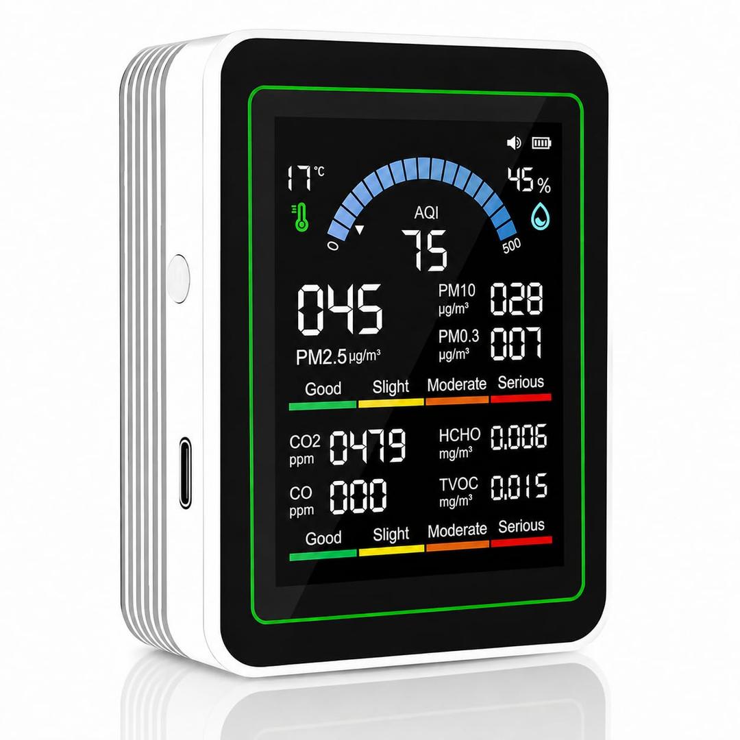 Upgraded 10-in-1 Smart Air Quality Monitor – Professional Indoor Air Test Kit for CO₂, CO, TVOC, HCHO, PM0.3-10, PM2.5, Temperature & AQI – Home, Car, Pets, Plants, Hotels – White