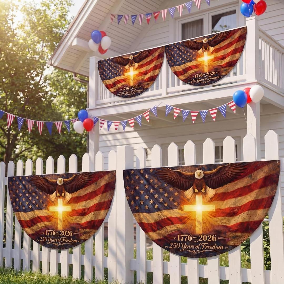 Remagr 4 Pcs 1.5x3 ft 250 Year Anniversary Bunting Flag, 1776-2026 Fan American Freedom Flag, 250th Anniversary Patriotic Eagle Design Banner with Brass Grommets for Wall, Front Door, Porch, Fence