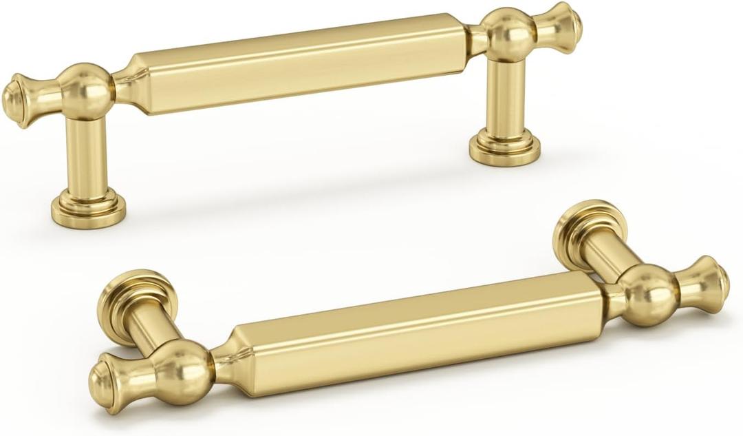 Haliwu 10 Pack Brushed Gold Cabinet Pulls, 3 inch(76mm) Hole Center Drawer Handles Zinc Alloy Hardware Pull for Kitchen Dresser Bathroom (3 inch (76mm) hole centers)