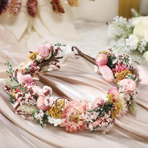 Nuanchu Dried Flower Wedding Headband Flower Crown Real Floral Bridal Bridesmaid Headpiece with Ribbon Maternity Photo Props(Pink,Stylish)