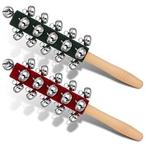 2 Pcs Christmas Hand Jingle Bells Wooden Handle Sleigh Bells Christmas Stick Jingle Bells Shaker Rattle Musical Percussion Handheld Bells Holiday Xmas Gifts (red,green)