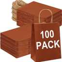 BAG BOX 100 Pack 8.25x4.3x10.6 Inch Orange Gift Bags with Handles,Bulk Kraft Paper Bags for Shopping, Retail, Merchandise, Wedding, Party Favors, Paper Grocery Sacks