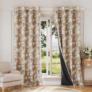 FMFUNCTEX 100% Blackout Floral Curtains for Bedroom, Taupe Curtains 84 inches Long Blossom Flower Patterned for Living Room, Thermal Insulated Farmhouse Drapes, Grommet Top 2 Panels (White on Tan)