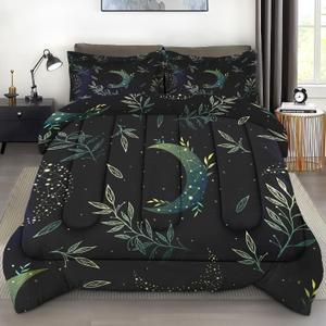 Comforter Set Queen Size, Boho Space Green Retro Soft 3 Pcs Bedding for Kids and Adults, Herbs Witch Floral Comforter Set with Pillowcase, for Bedroom Bed Decor