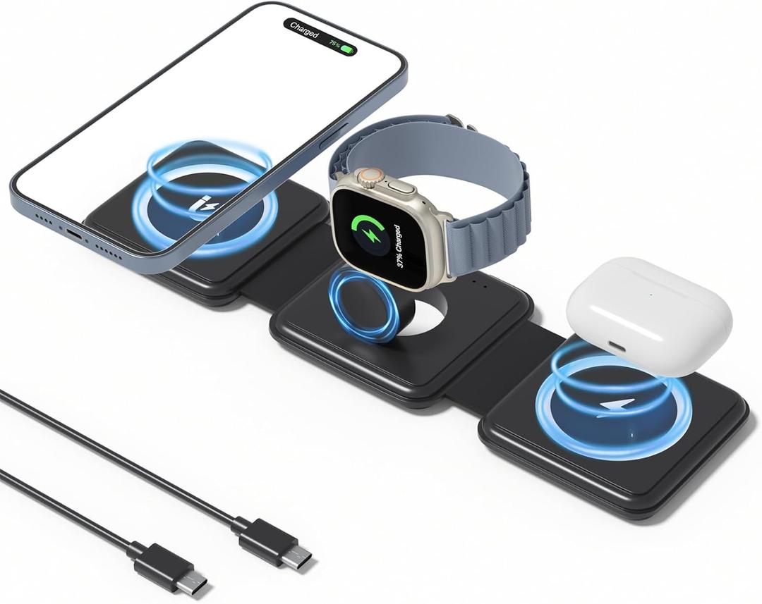 OhM-ega 3 in 1 Wireless Charging Station, 15W Fast Wireless Charger for iPhone 17/16/15/14/13 Pro Max Plus, Apple Watch & AirPods, Foldable Travel Charger Dock, Qi-Certified (Black)