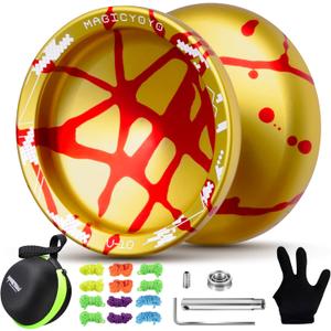 MAGICYOYO V10 Finger Spin Yoyo Professional Metal Trick Yoyo Responsive & Unresponsive Dual Purpose Yo Yo with Storage Case + Yo Yo Glove +12 Strings(Golden Red)