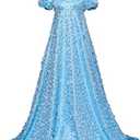 Women's Daphne Basset Dress Regency Dresses Jane Austen Style High Waistline Ruffled Puff Sleeve Long Dress, Medium