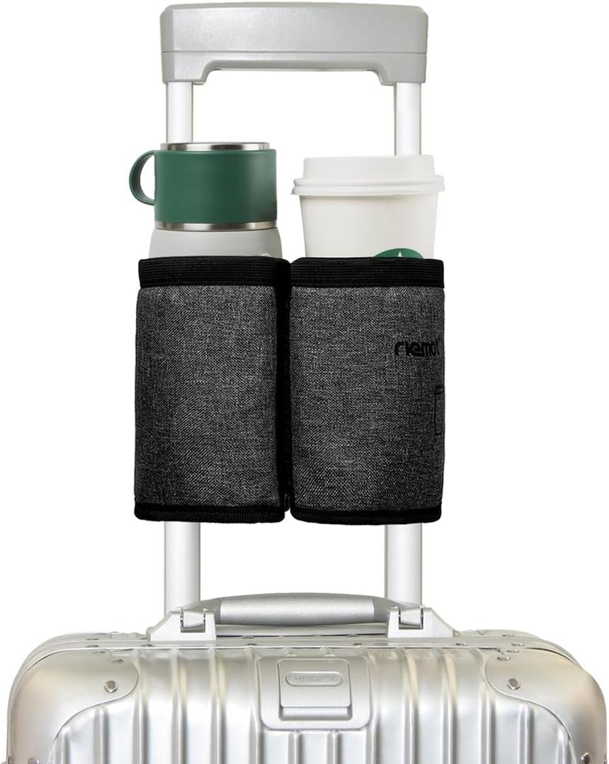 riemot Luggage Travel Cup Holder Free Hand Drink Carrier - Hold Two Coffee Mugs - Fits Roll on Suitcase Handles - Gifts for Flight Attendants Travelers Accessories Carbon Black (2. Hook & Loop: Carbon Black)
