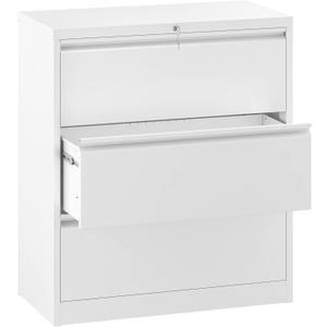 YITAHOME 3 Drawer Lateral File Cabinet with Lock, Metal Stainless Steel Wide Lateral Filing Cabinet for Legal/Letter A4 Size, Office Organizer Storage Cabinet,White