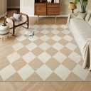 Beeiva Checkered Print 5x7 Washable Area Rugs for Bedroom, Non Slip Ultra Thin Beige Rugs for Living Room, Geometric Plaid Dorm Decor Soft Low Pile Carpet for Office Kids Room Classroom