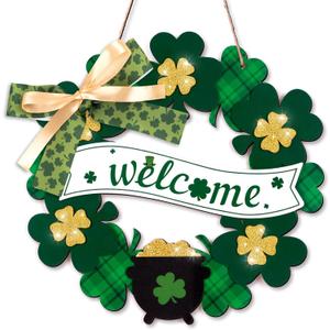 St Patricks Day Decorations Welcome Wreaths for Front Door Decor - Shamrock Sign with Bow for Irish March Home Wall Porch