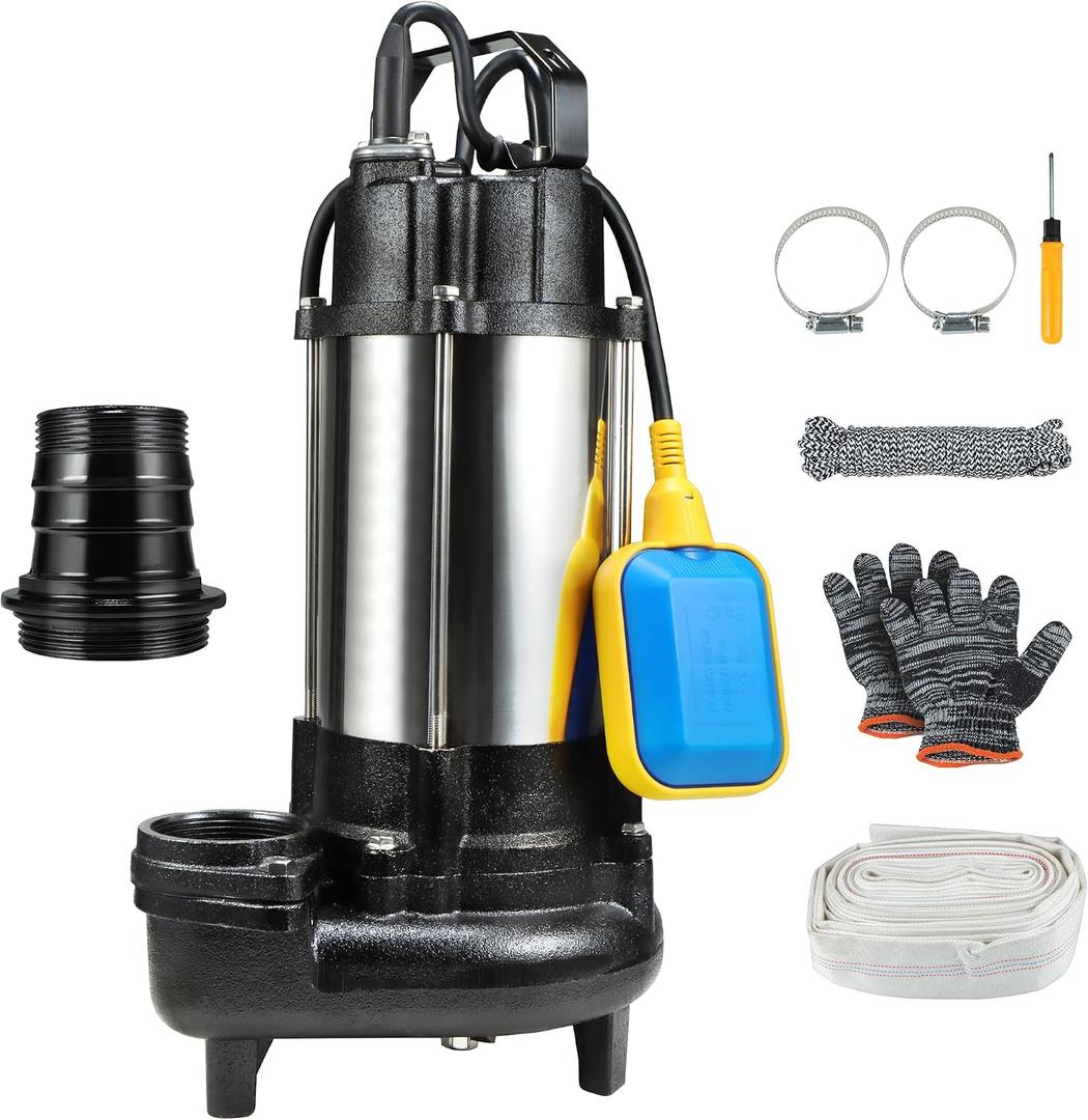 Sewage Grinder Pump, 1HP Submersible Sump Pump, 110V 6400GPH | Stainless Steel Effluent Pumps with Automatic Float Switch, 2'' NPT Discharge for Basement, Sump Basin, Sewage Well