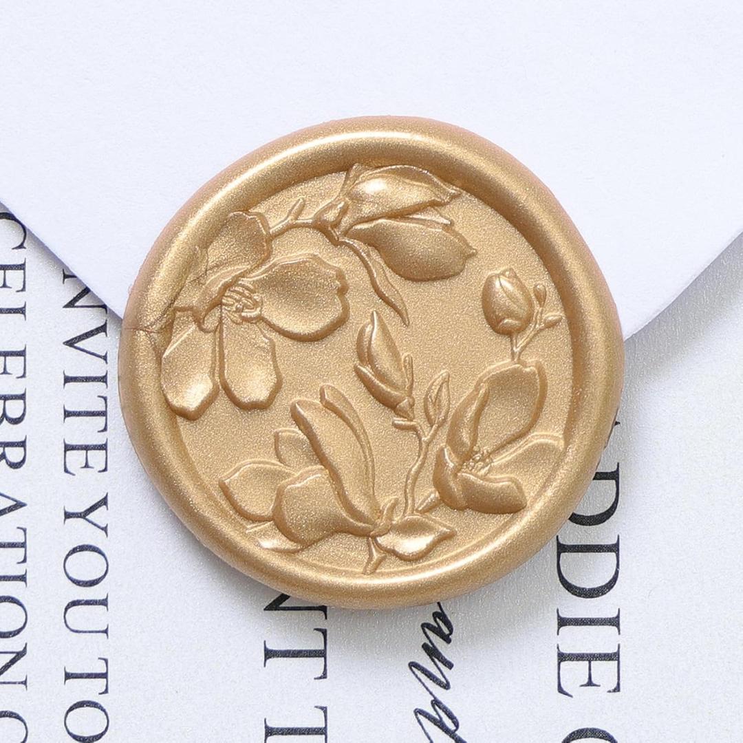 UNIQOOO Wax Seal Stickers - 3D Magnolia Wedding Invitation Envelope Botanical Seal Stickers, 50 Pcs Self- Adhesive Light Gold Stickers, Perfect for Invitation, Christmas, Gift Wrapping, Party
