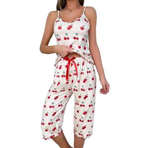 Remidoo Women's Cherry Print Pajama Sets Cami Top and Pants 2 Pieces Pj's Sleepwear, S