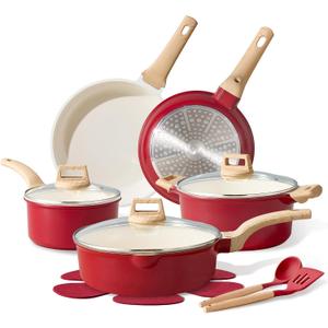 CAROTE 14 Pcs Ceramic Cookware Set, Pots and Pans Set Non Stick with Ceramic Coating, Induction Kitchen Sets, Red