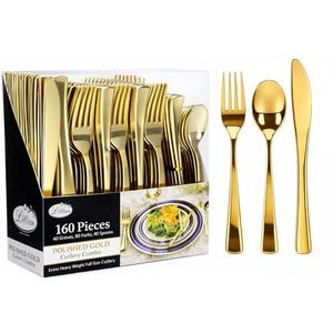 Gold Plastic Silverware Set, 160 Count, Extra Heavy Duty Flatware, Disposable Cutlery Utensils, 80 Forks, 40 Spoons, 40 Knives, Polished Gold, Bulk Pack