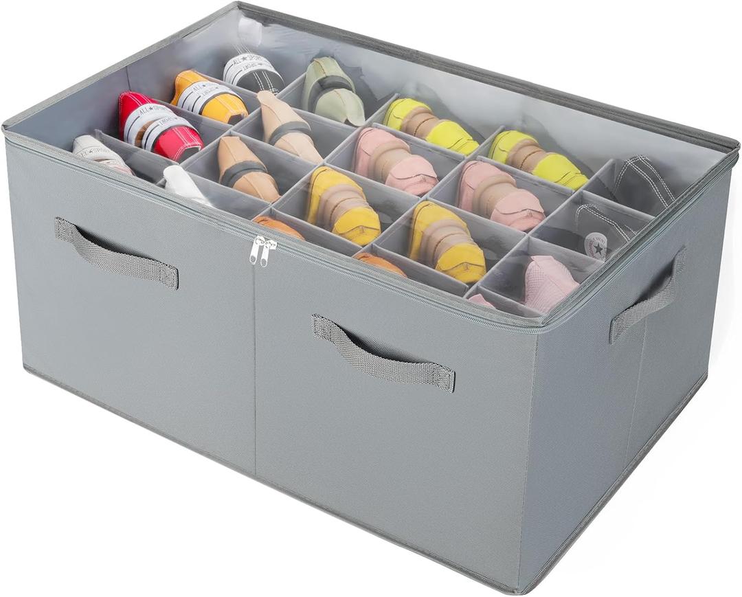 Shoe Organizer for Closet, Foldable Shoe Box with Adjustable Dividers and Clear Cover, Space Saving Shoe Storage Organizer Cabinet with Reinforced Handles, Fits 20 Pairs, Gray, TP10G (Extra Large(26.5''L x 16.54''W x 13'H))