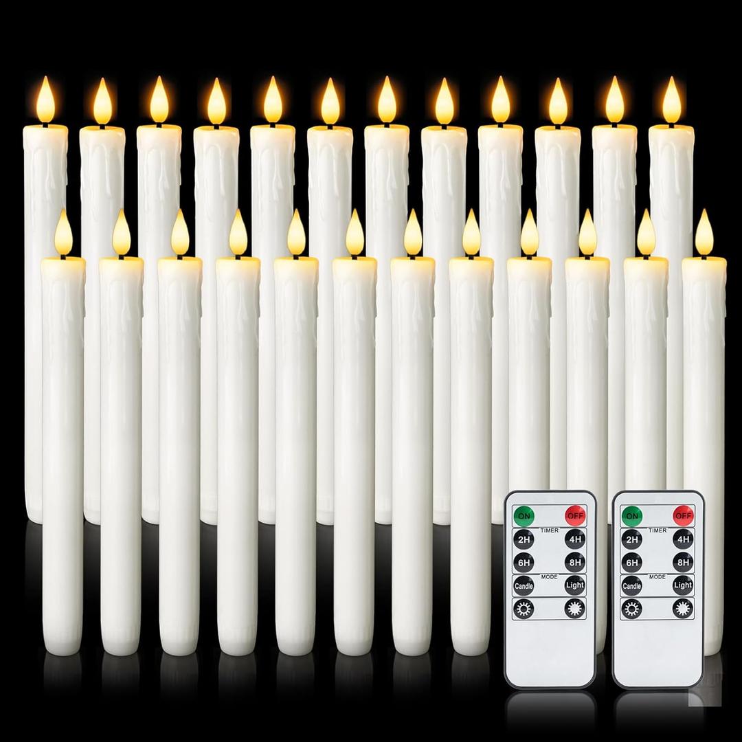 Homemory 24 Pcs Real Wax Flameless Taper Candles with Remote Timer and Dimmer, Battery Operated Candlesticks with Flickering Light, White Window Candles, 9.6 Inches for Wedding Home Decor