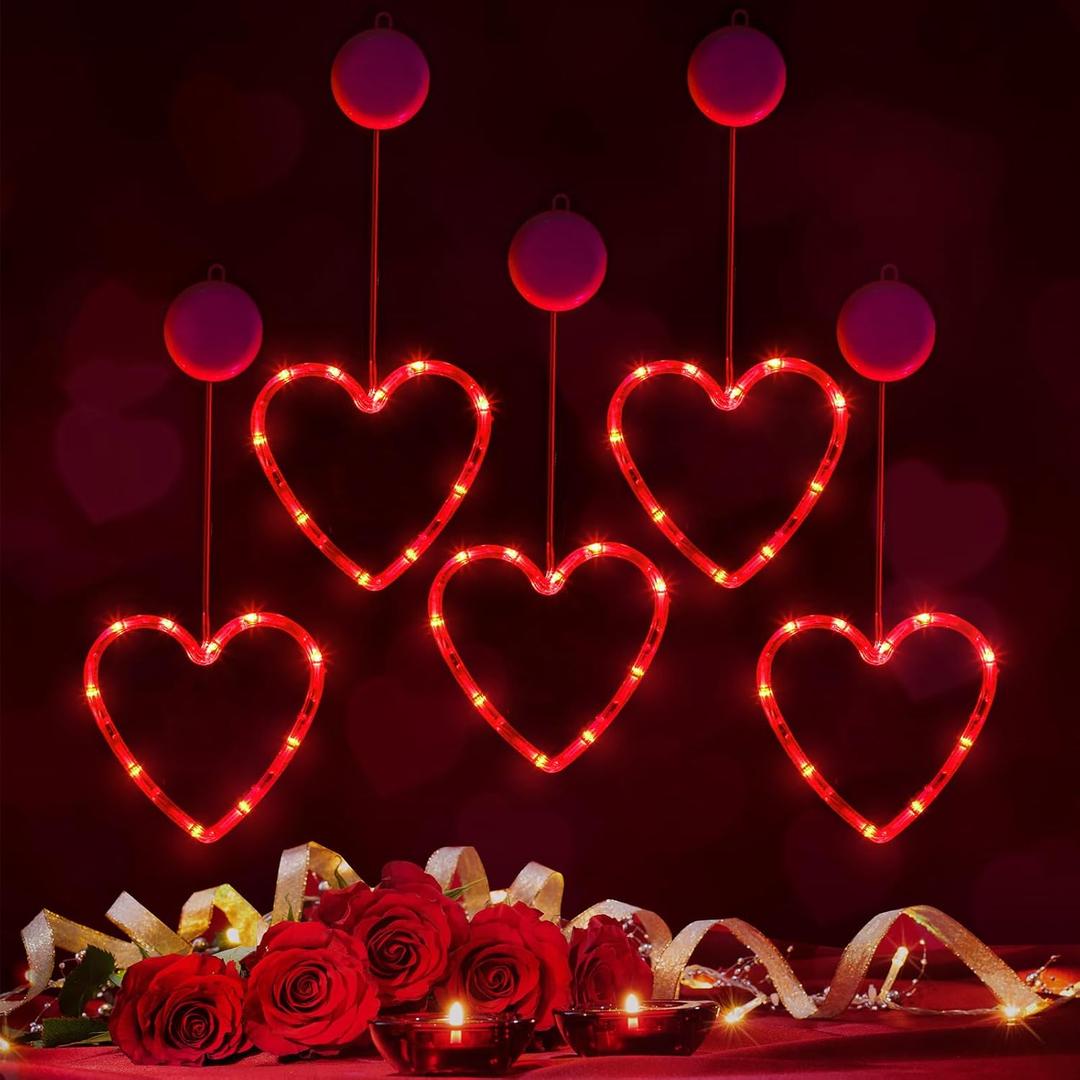 5 Pcs Timed Valentines Day Window Lights Hanging Red Heart Lights with Suction Cup Battery Operated Heart LED for Valentines Day Anniversary Wedding Home Decor(Red)