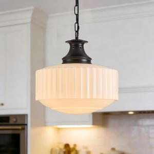 Vintage Ribbed Milk Glass Pendant Light Fixture, Mid‑Century Modern Chandelier, Antique Schoolhouse Pendant Lights for Kitchen Island, Dining Room, Entryway, Hallway, E26 Base,Matt Black