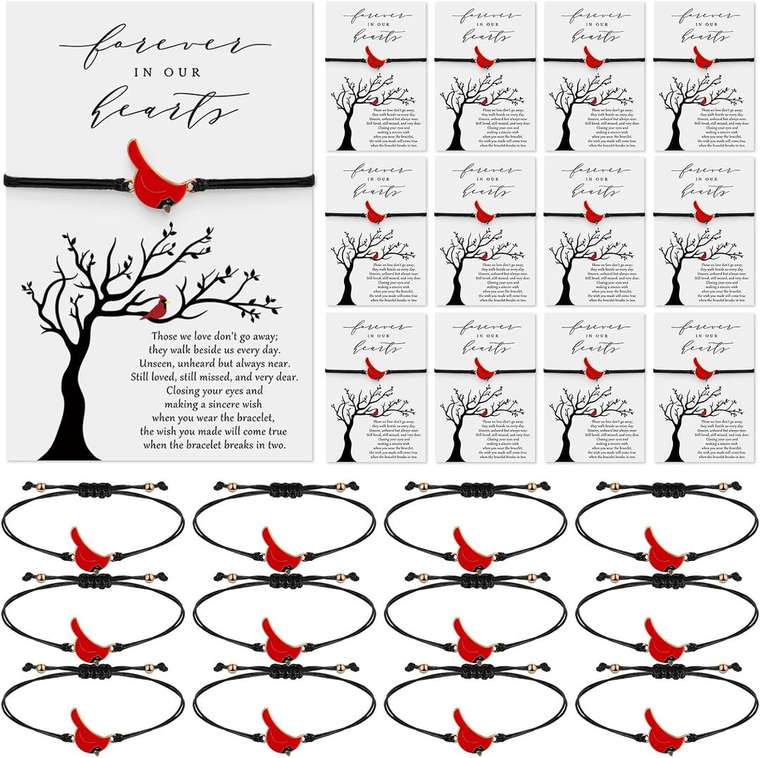 Qilery 12 Sets Red Cardinals Bracelet for Women Celebration of Life Memorial Sympathy Bangle with Prayer Cards Memorial Gifts for Loss Loved One