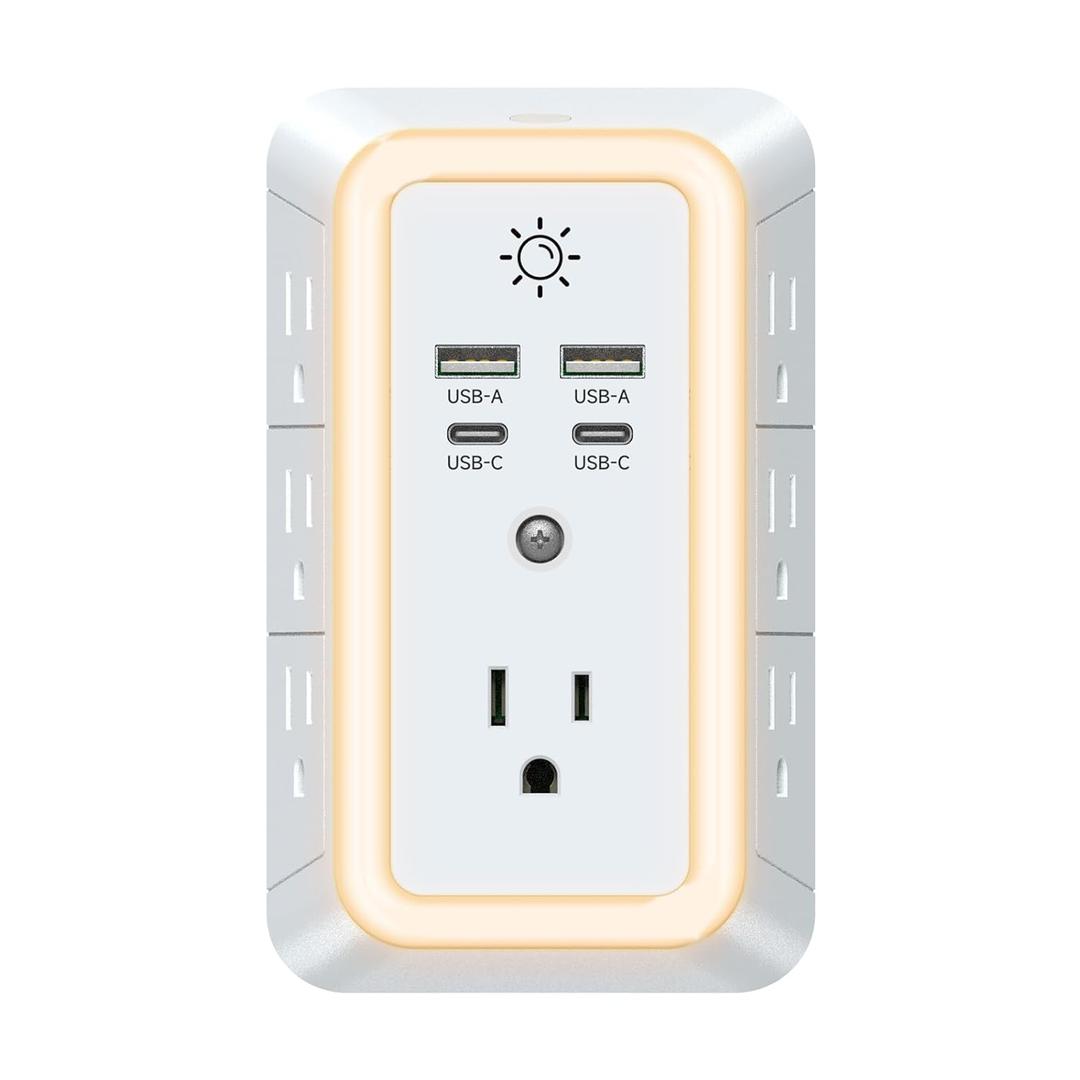 Multi Plug Outlet, USB Wall Charger, Surge Protector, 7 Outlet Extender with 4 USB Charging Ports (2 USB C) 1680J Power Strips Outlets with Night Light, Wall Plug Adapter Spaced for Home Travel Office