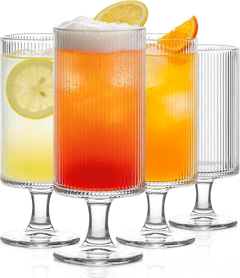 INSETLAN Set of 4 Ribbed Glass Goblets 12oz Vertical Stripe Stemmed Glassware for Cocktails, Wine, and Beverages Elegant Durable Glass Cups for Parties, Weddings, and Everyday Use