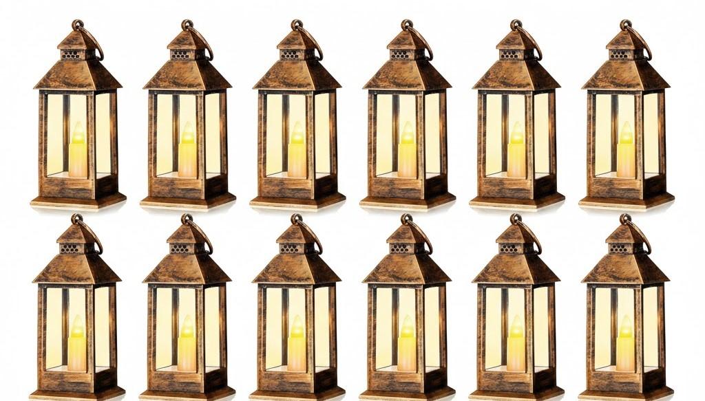 Hoolerry 12 Set Christmas Mini Lanterns with LED Candles 5.5'' Decorative Hanging Small Vintage Lantern Centerpiece Battery Powered for Wedding Table(Retro)