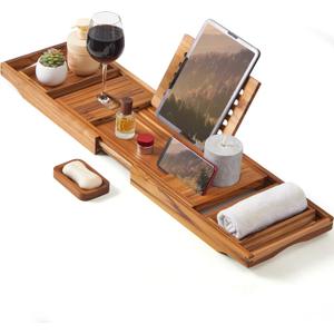 XcE Teak Bathtub Caddy Tray - Expandable to 41 Inches with Book Stand, Soap Holder & Anti-Slip Pads for Luxury Bath Spa, Teak
