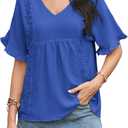 Womens Summer Tops V Neck Ruffle Half Sleeve Blouses Cute Lace Peplum Shirts Casual Boho Babydoll Clothing 2025 (Blue, XXL)