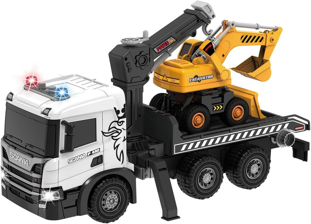 Extra Large Tow Truck Toy, Scania 19 Friction Powered Transport Truck Crane Vehicle Toy with Excavator Toy, Lights and Sounds, Gifts for Toddler Boys Girls