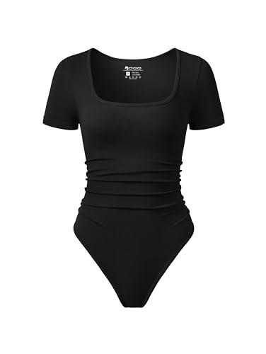 OQQ Women Bodysuits Ruched Short Sleeve Square Neck Stretch Lounge Travel Bodysuits Black, Size: XL OQQ Women Bodysuits Ruched Short Sleeve Square Neck Stretch Lounge Travel Bodysuits Black, Size: XL