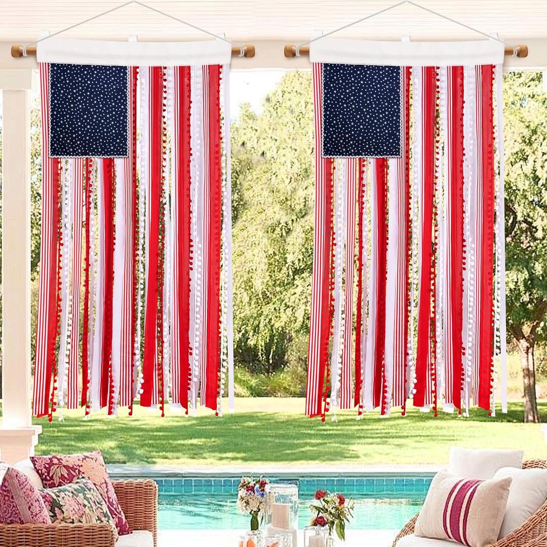 Deloky 2 Pcs 4th of July Rag American Flag Banner, 4 x 2.3 Ft Vintage Patriotic USA Flag Banner, Independence Day Retro American Flags Bunting for Outdoor Garden Yard Home Party Decoration