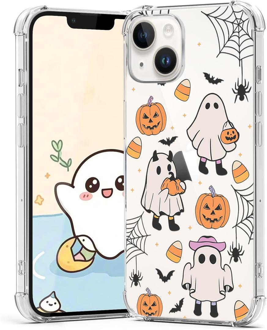 Halloween Case for iPhone 14 Plus Pumpkin, Ghost Designed Soft Slim Fit TPU Anti-Scratch Shockproof Protective Mobile Cover Clear Phone Case for iPhone 14 Plus, 2 Pack 