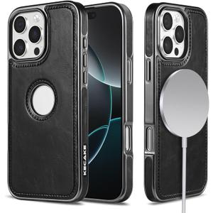 KECAKE for iPhone 16 PRO MAX 6.9 Inch Case Luxury Leather Logo Visible Vintage Ultra Slim Protective Cover (Black with Black Trim)