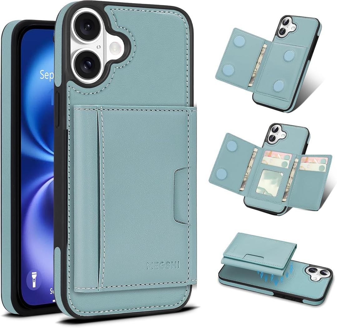 for iPhone 17 Wallet Case, 2-in-1 Detachable Phone Case, Card Holder RFID Blocking, Fashionable Faux Leather Card Slot & Folding Design (Blue)