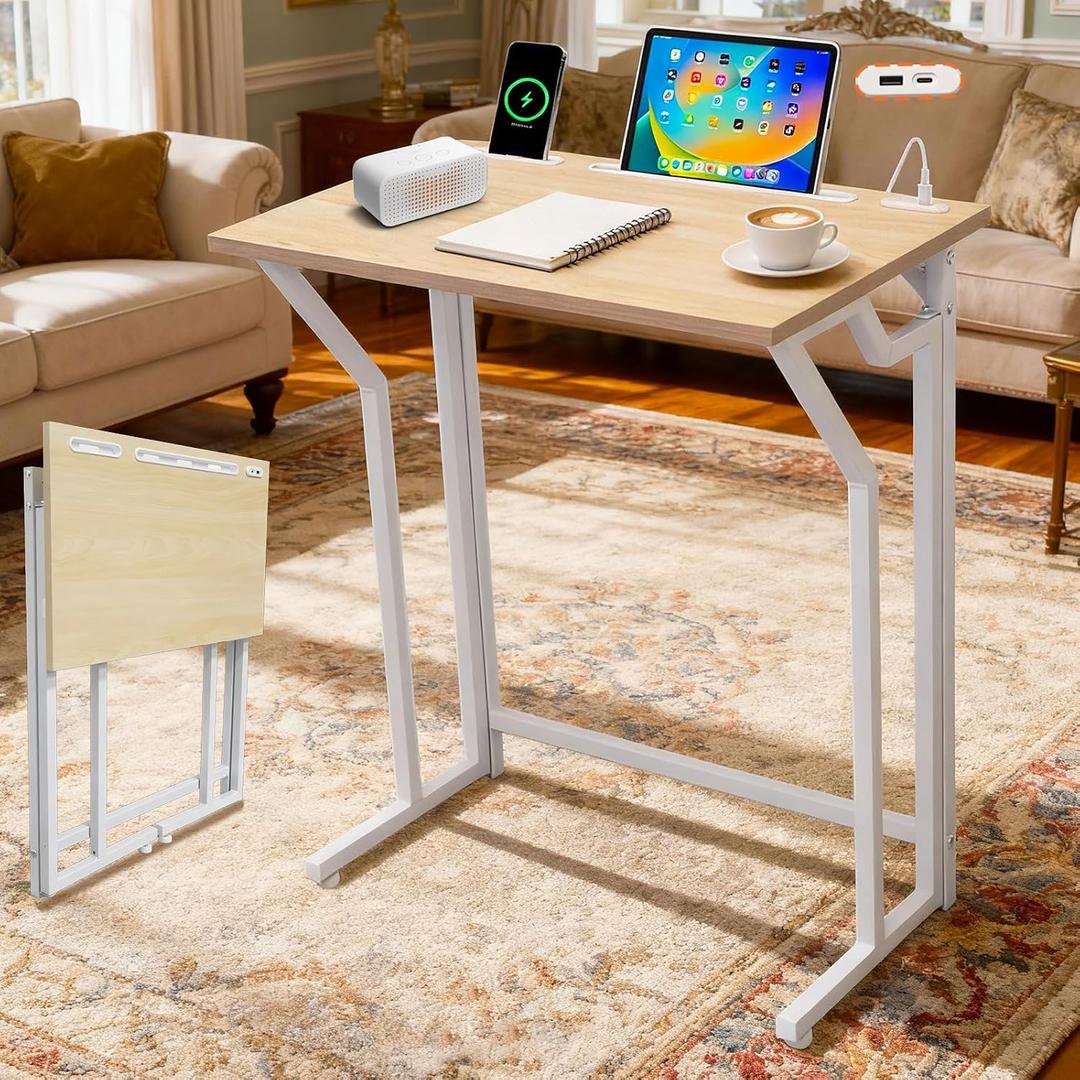 24"Wx 28"H Folding TV Tray for Eating, Foldable TV Dinner Table, Side Table Slide Under Couch, C-Shaped End Table with Devices Slot & Charging Stations, Small TV Tray for Living Room, Bedroom(Natural), 24"w X 15"d X 28"h