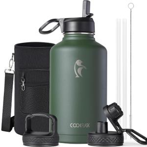 Half Gallon Water Bottle Insulated with Straw & 3 Lids, Coolflask 64 oz Water Jug Large Metal Stainless Steel Wide Mouth for Sports, Gym or Office, Non-BPA Keep Cold 48H Hot 24H, Dark Green