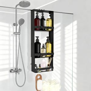 Over the Door Shower Caddy Hanging, 3 Tier Stainless Steel Hanging Shower Caddy with 8 Hooks & 4 Suction Cup, Bathroom Organizers and Storage Rack, Bathroom Decor Shelves Holds Shampoo, Towel - Black