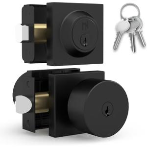 Mega Handles SUANA Entrance Combo, Door Knob and Cylinder Deadbolt and Key Combo, Heavy Duty Locking Door Knobs for Left or Right-Handed Doors  Matte Black (1 Pack)