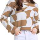 Women's Sweaters Color Block Cropped Sweater Tops Long Sleeve Loose Pullover Knit Jumper Top Checkered Fall Fashion