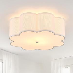 Modern Drum Semi Flush Mount Ceiling Light 3-Lights Modern 17.71" White Drum Ceiling Lighting Fixture Vintage Modern Linen Ceiling Lamp for Kitchen, Basement, Bedroom, Laundry Room