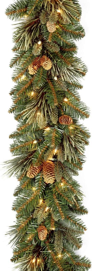 National Tree Company 9 ft Pre-Lit Carolina Pine Artificial Christmas Garland, Christmas Decoration with Pinecones, 100 Warm White LED Lights, 240 Tips, Timer, Green