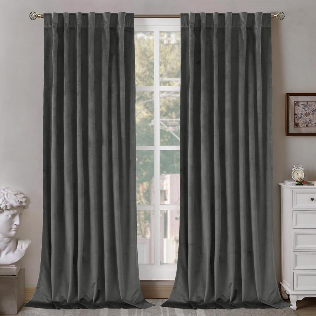 BGment Grey Velvet Curtains 90 Inches for Bedroom, Thermal Insulated Blackout Curtains Room Darkening Drapes with Back Tab and Rod Pocket for Living Room, Set of 2 Panels, 52 x 90 Inch