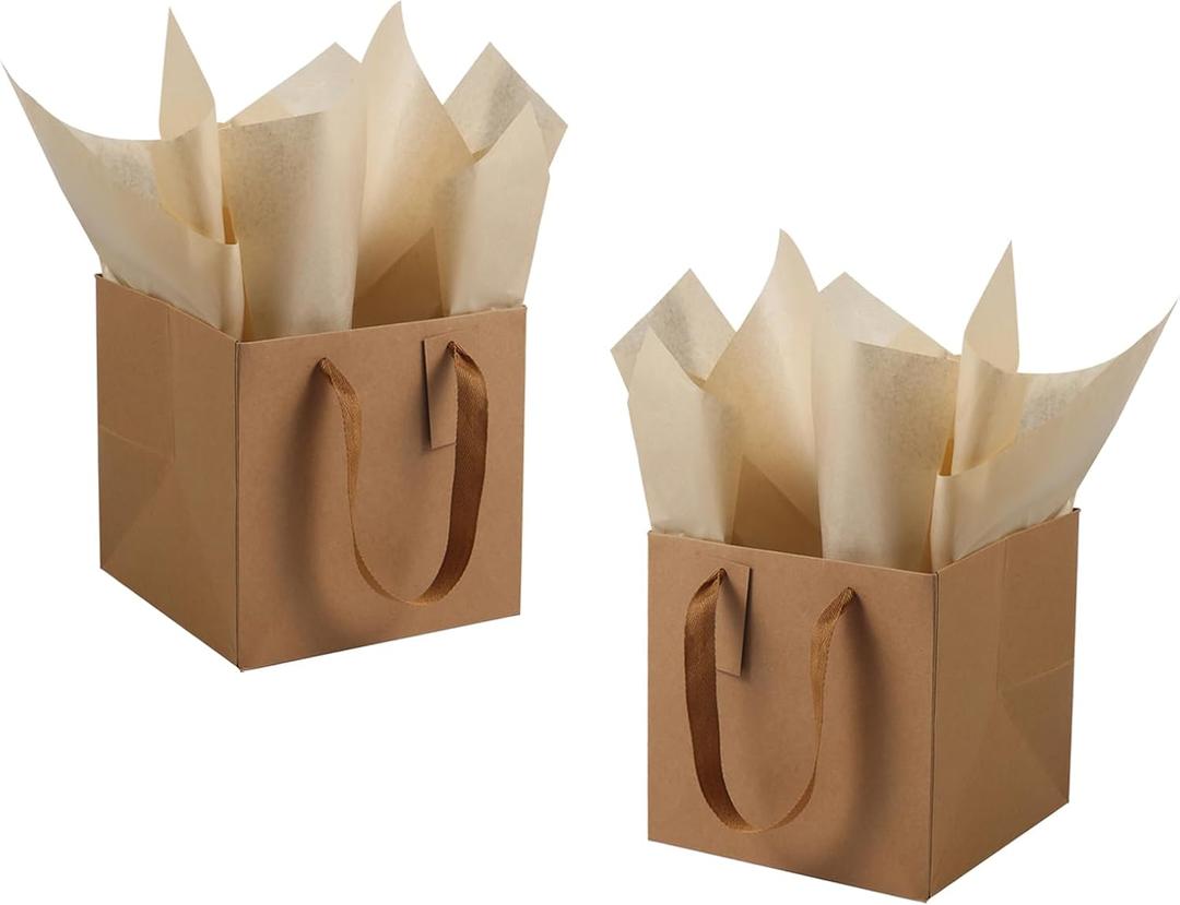IN-JOOYAA 10 Pcs Small Gift Bags with Tissue Paper Square Gift Bags 6x6x6 Inches with Handles for Gift Giving (Brown)